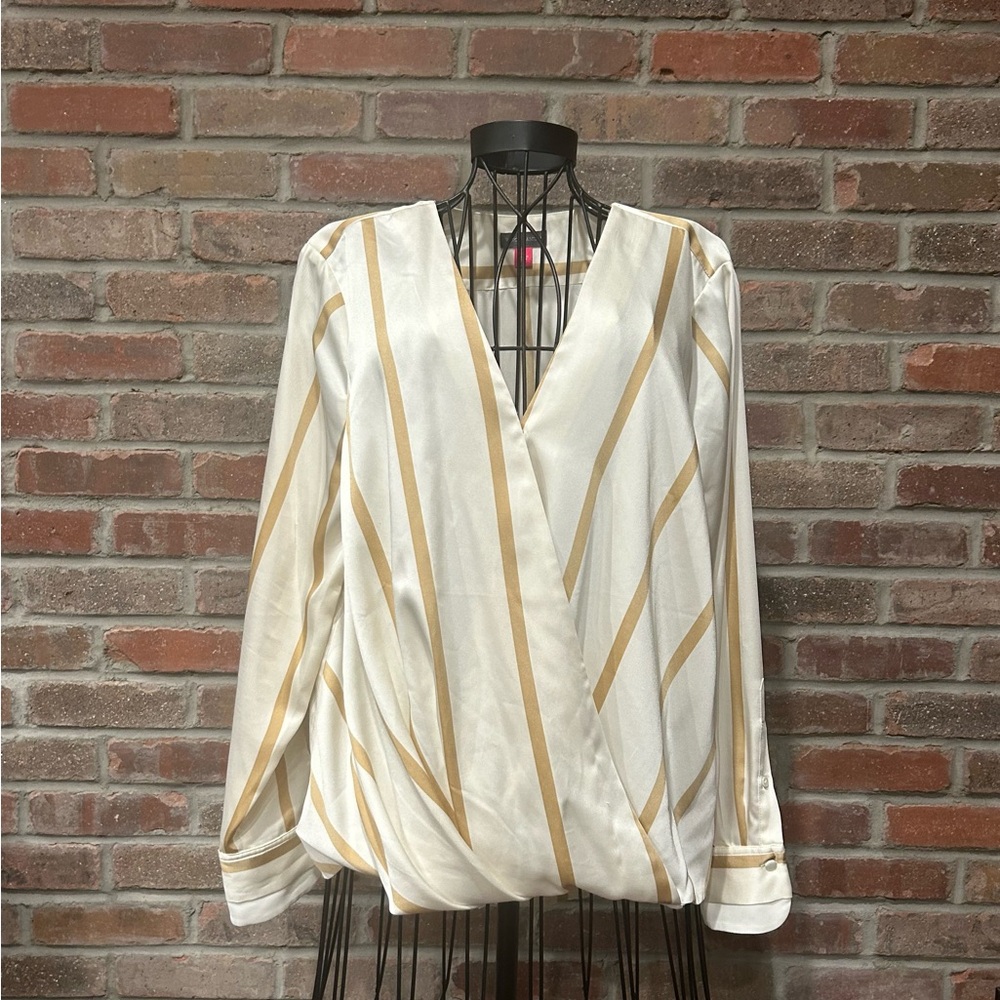 Vince Camuto Long Sleeve Cream With Tan Stripes Faux Wrap Blouse Size Large